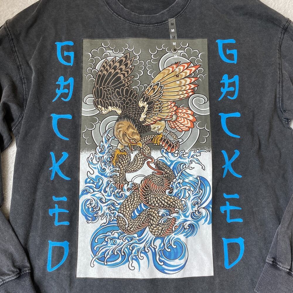 Men's Acid Wash Graphic Long Sleeve T-Shirt Medium Black Japanese Grunge NEW - Picture 3 of 8